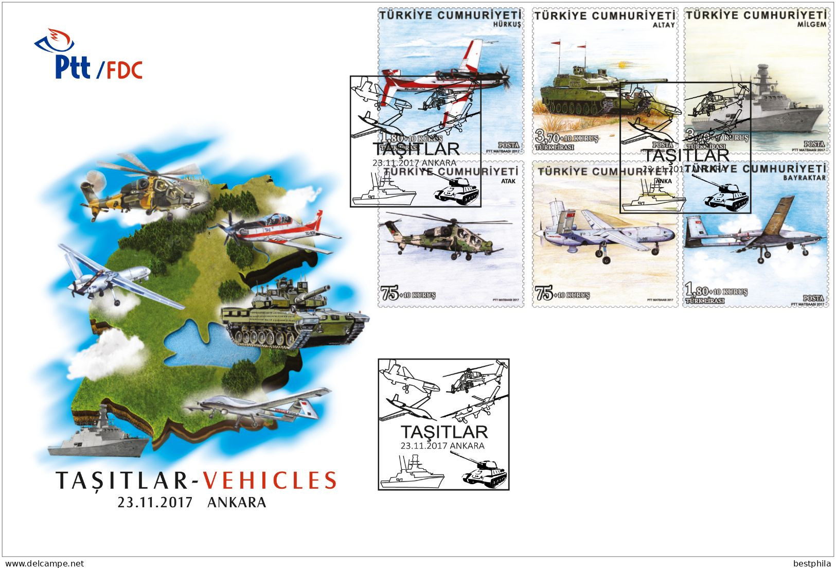 Turkey, Türkei - 2017 - Military Vehicles | Aviation, Helicopter, Aircraft, Tank, Warship /// First Day Cover & FDC - Brieven En Documenten