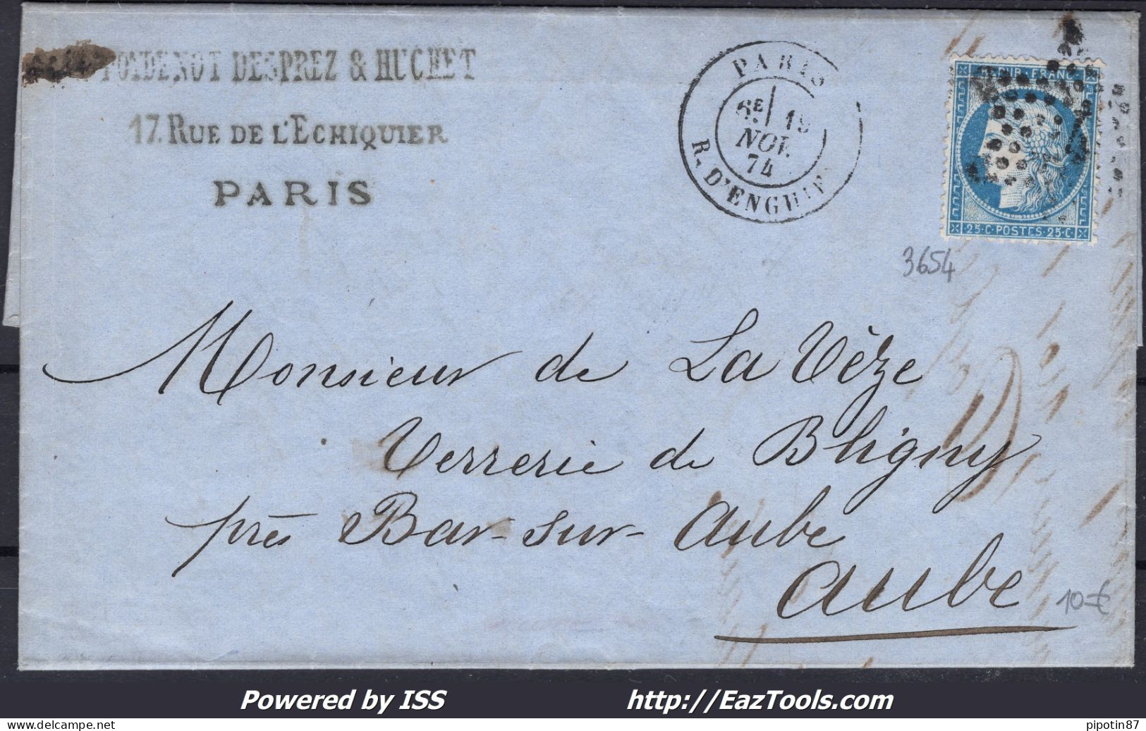 FRANCE N° 60A SUR LETTRE ETOILE DE PARIS 4 DITE EX 24 + CAD R. D'ENGHIEN DU 19/11/1874 - 1871-1875 Ceres