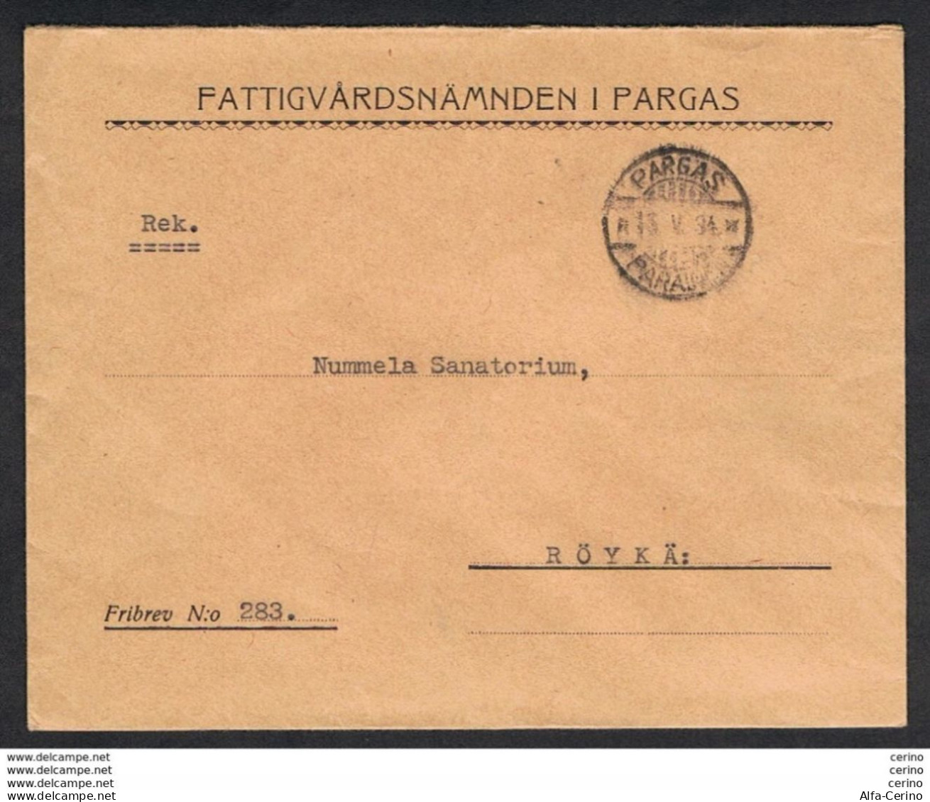 FINLAND: 1934  FREE POSTMARK ON COVERT FROM PARGAS - FATTIGVARDSNAMNDEN I ... TO ROYKA - Covers & Documents