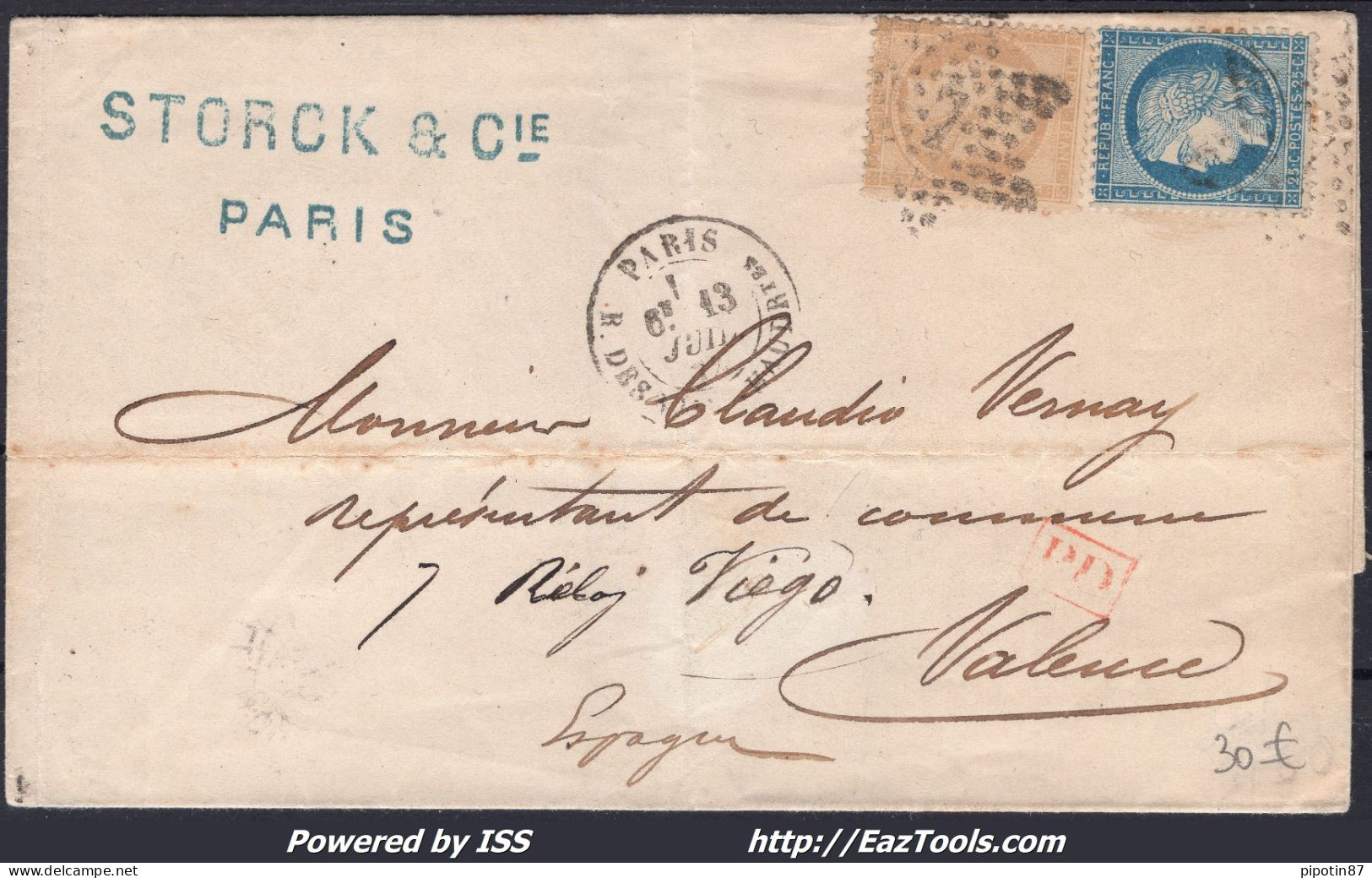 FRANCE N° 59+60C SUR LETTRE POUR L'ESPAGNE AVEC ETOILE DE PARIS 7 +CAD R. DES VLLES HAUDRtes DU 13/07/1872 - 1871-1875 Cérès