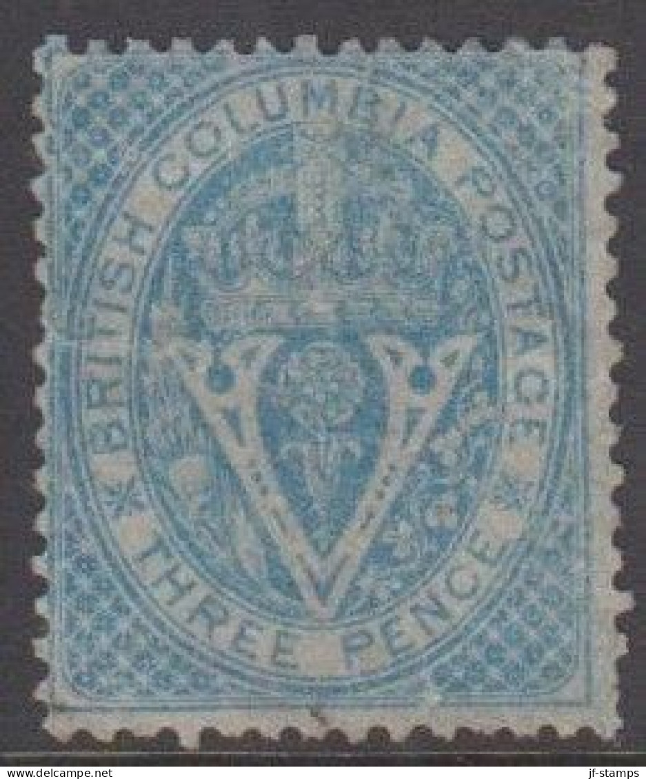 1865. BRITISH COLUMBIA & VANCOUVER ISLAND. V & Crown THREE CENTS. Perf. 14. On Very Thin Paper. No Gum. Fi... - JF539420 - Ungebraucht