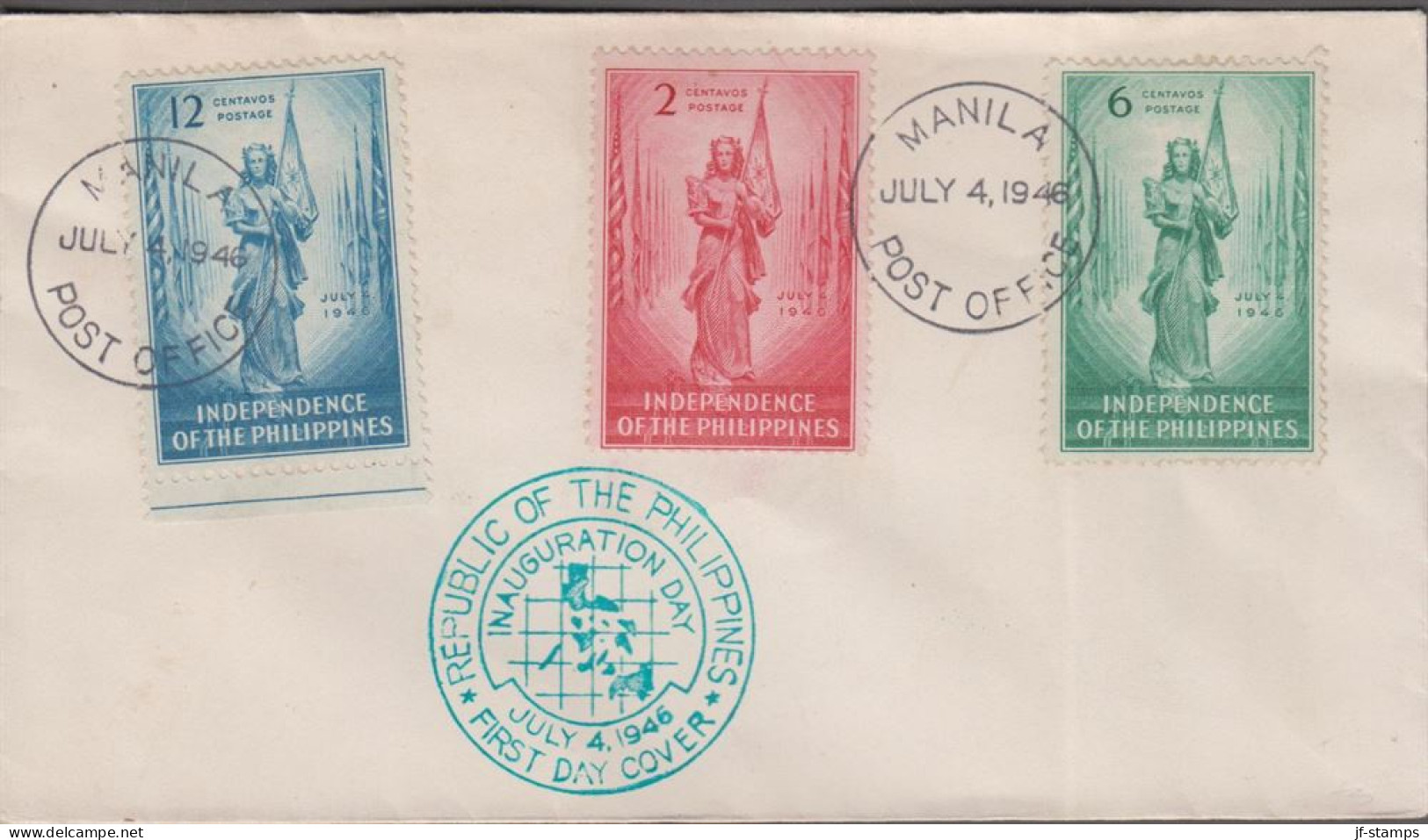 1946. PHILIPPINE ISLANDS. Complete Set INDEPENDENCE On Nice FDC Cancelled First Day Of Is... (Michel 458-460) - JF539432 - Philippines