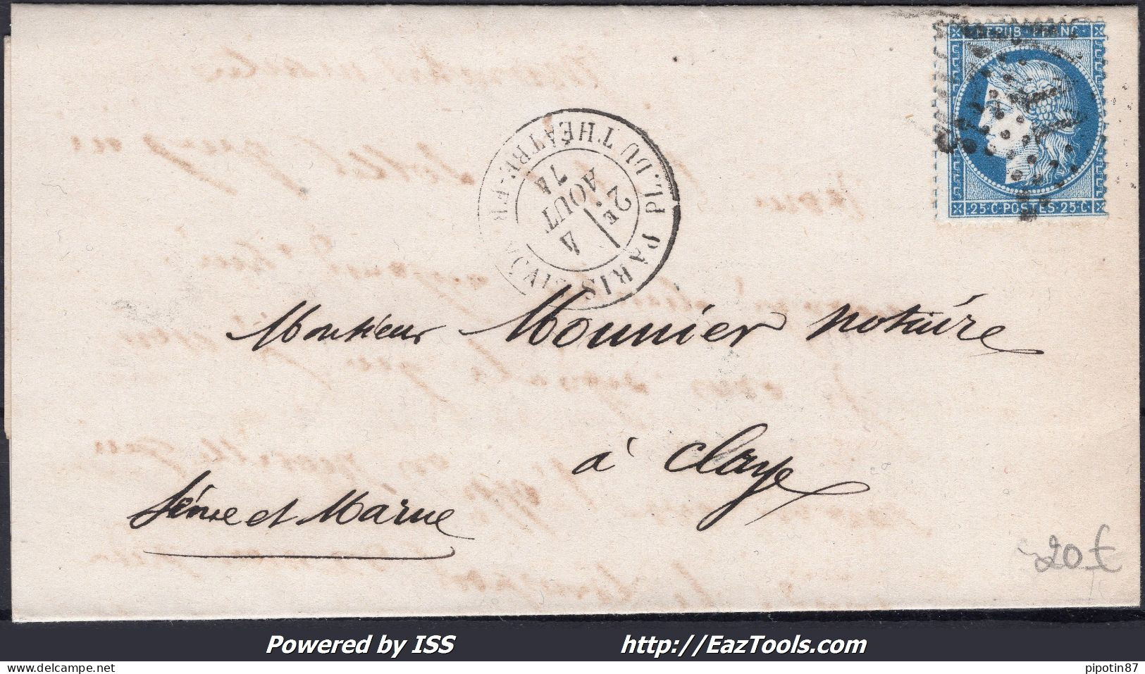 FRANCE N°60A SUR LETTRE AVEC ETOILE DE PARIS 11 + CAD PL. DU THEATRE-FRANCAIS DU 04/08/1874 - 1871-1875 Cérès