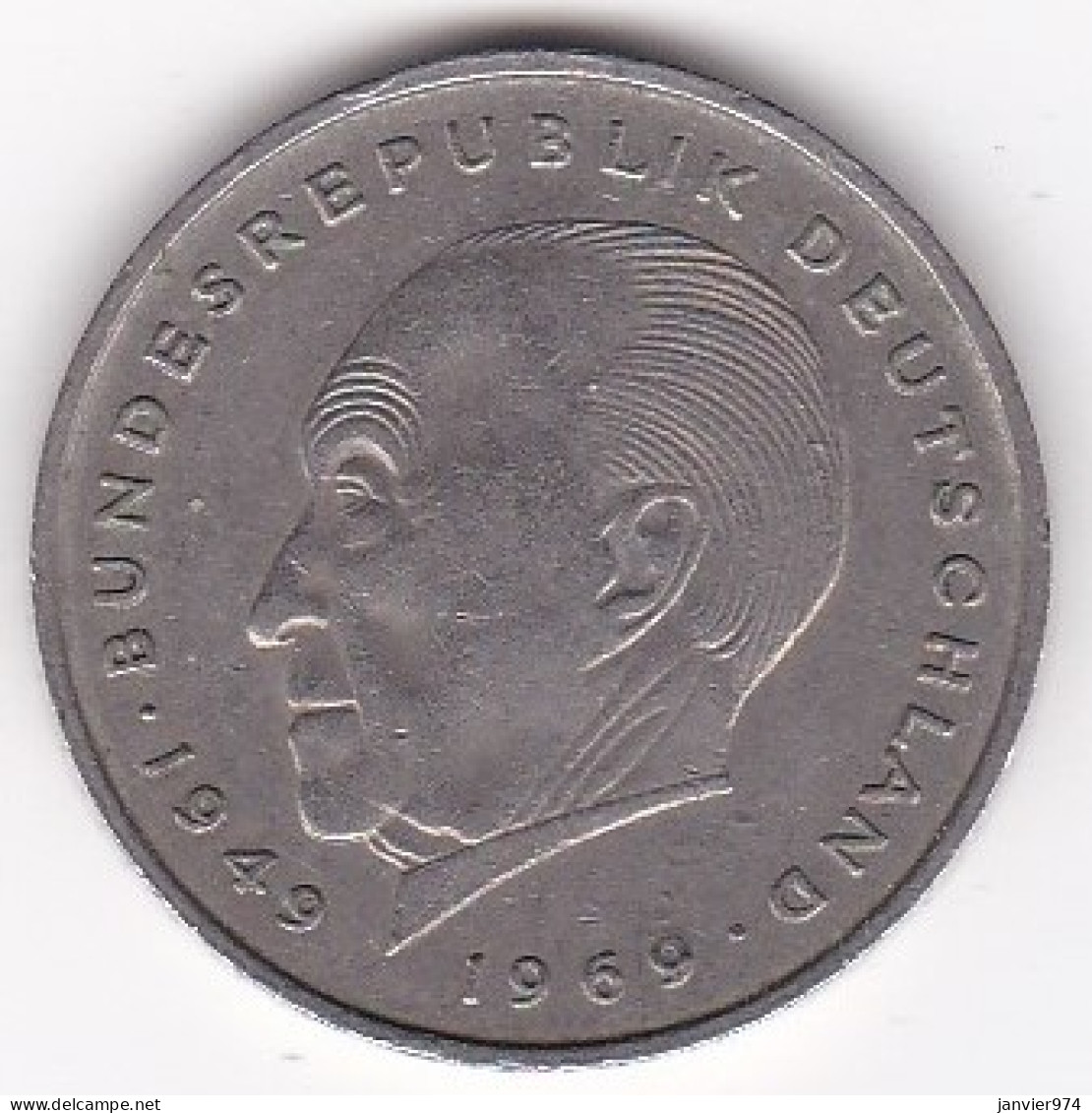 2 Deutsche Mark 1973 G  KARLSRUHE  , Konrad Adenauer, Cupronickel, KM# 124 - 2 Marcos