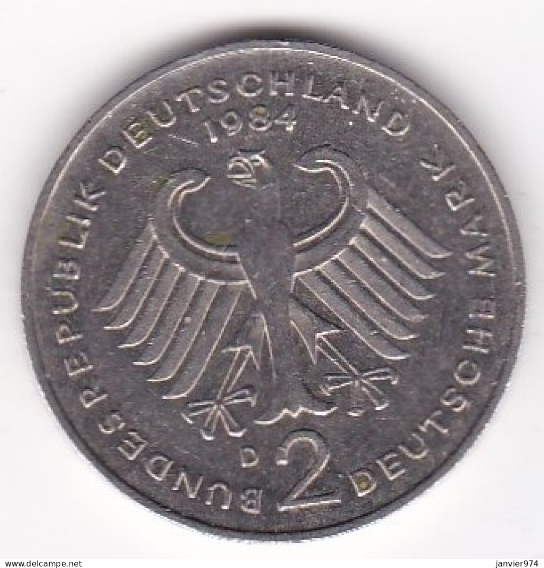 2 Deutsche Mark 1984 D MUNICH, Theodor Heuss , Cupronickel, KM# A127 - 2 Marcos