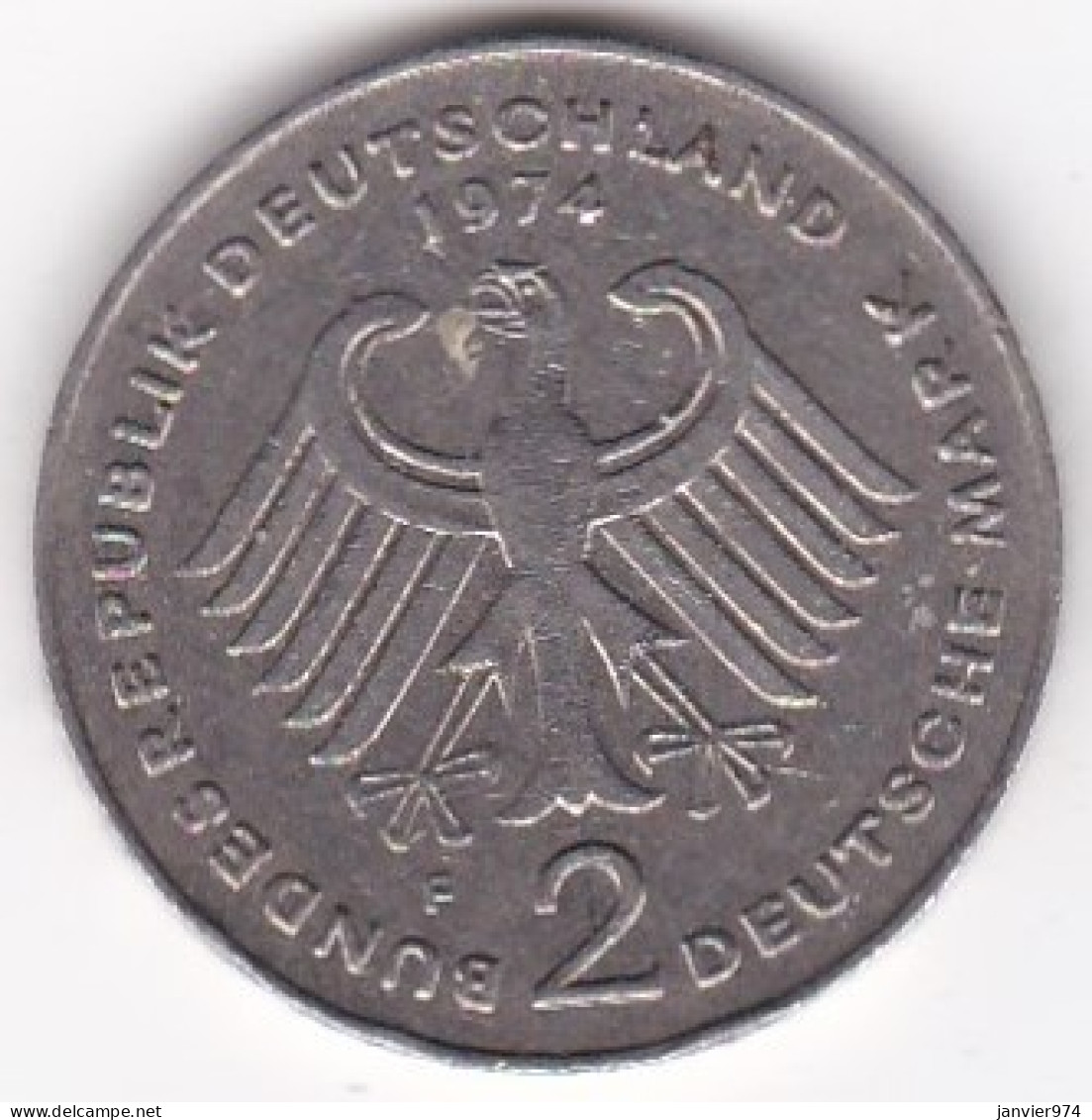 2 Deutsche Mark 1974 F STUTGART   , Theodor Heuss , Cupronickel, KM# A127 - 2 Mark