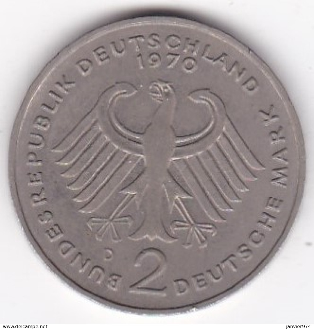 2 Deutsche Mark 1970 D MUNICH , Theodor Heuss , Cupronickel, KM# A127 - 2 Marchi