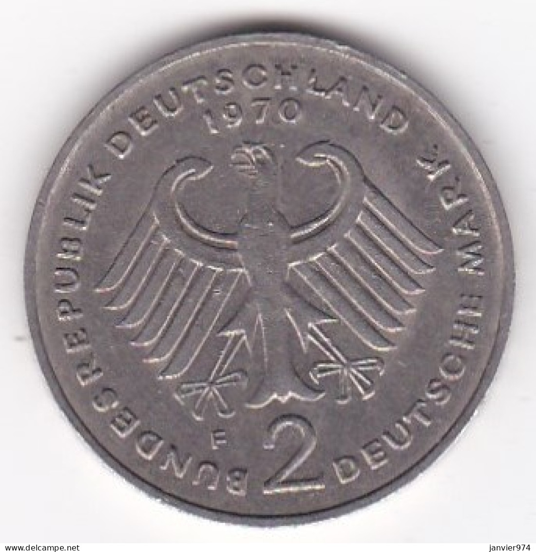 2 Deutsche Mark 1970  F STUTGART  , Theodor Heuss , Cupronickel, KM# A127 - 2 Mark