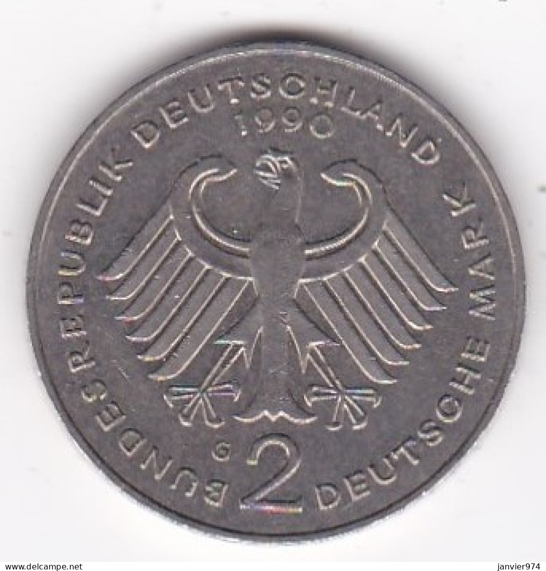 2 Deutsche Mark 1990 G KARLSRUHE. Kurt Schumacher . Cupronickel. KM# 149 - 2 Marchi