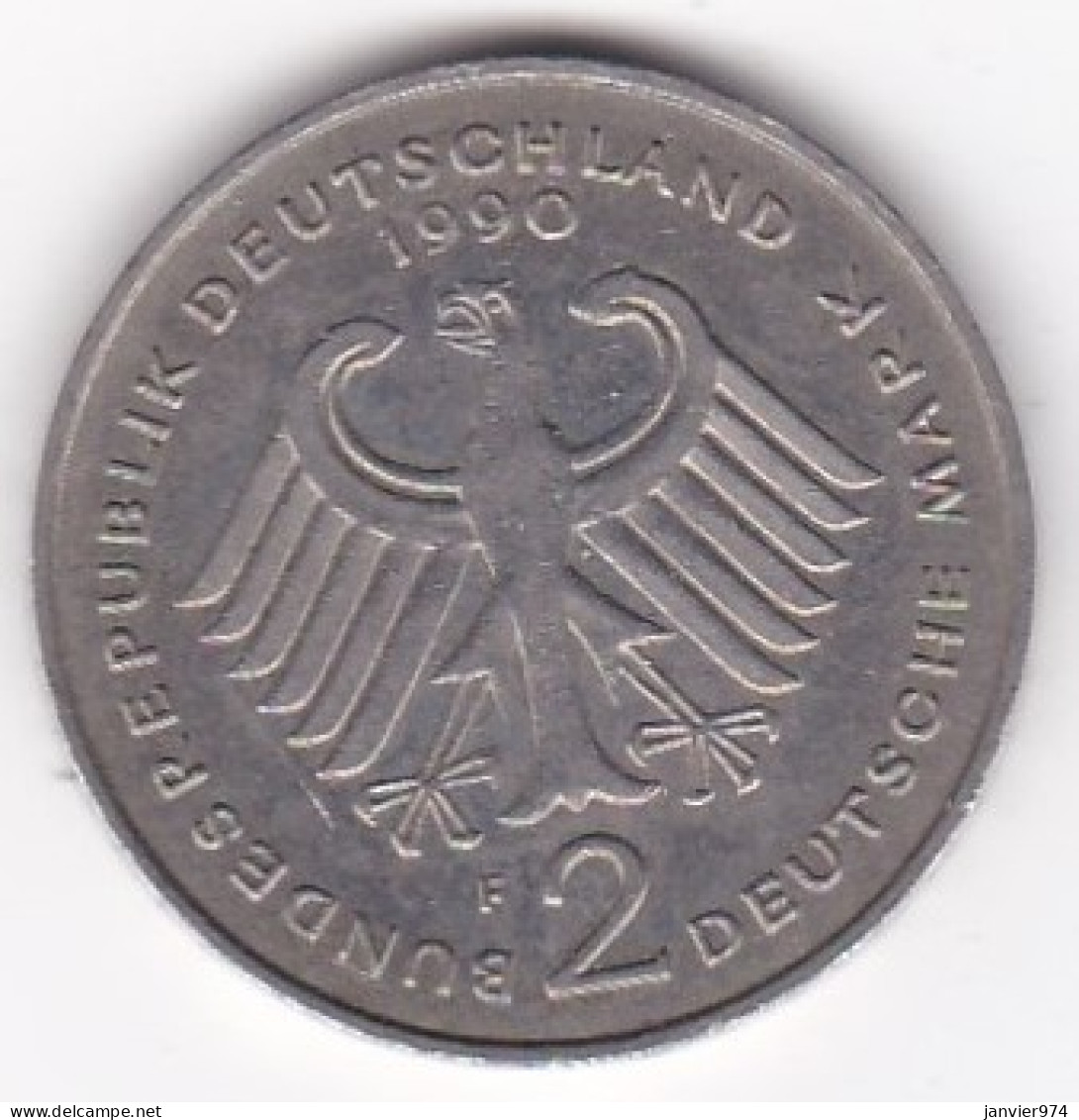 2 Deutsche Mark 1990 F STUTGART . Ludwig Erhard . Cupronickel. KM# 170 - 2 Marchi