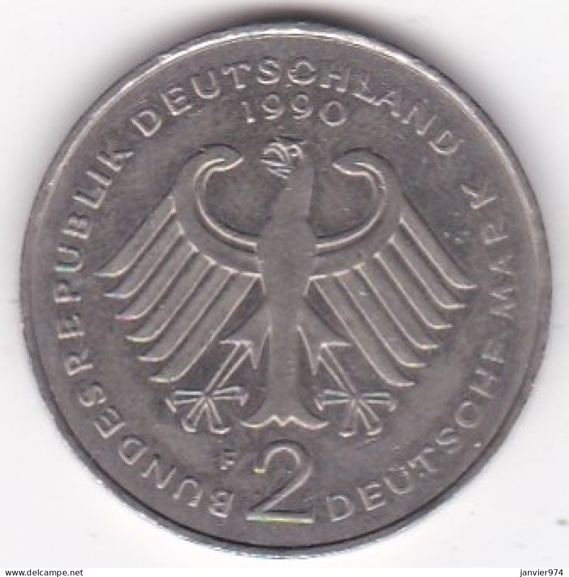 2 Deutsche Mark 1990 F Stuttgart , Franz Josef Strauss. Cupronickel ,KM# 175 - 2 Marchi
