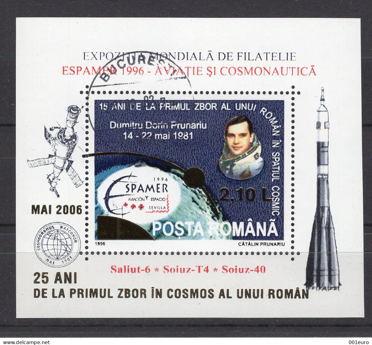 ROMANIA 2006 : ROMANIAN ASTRONAUT - 25 YEARS / GOLDEN OVERPRINT, Used Souvenir Block - Registered Shipping! - Used Stamps