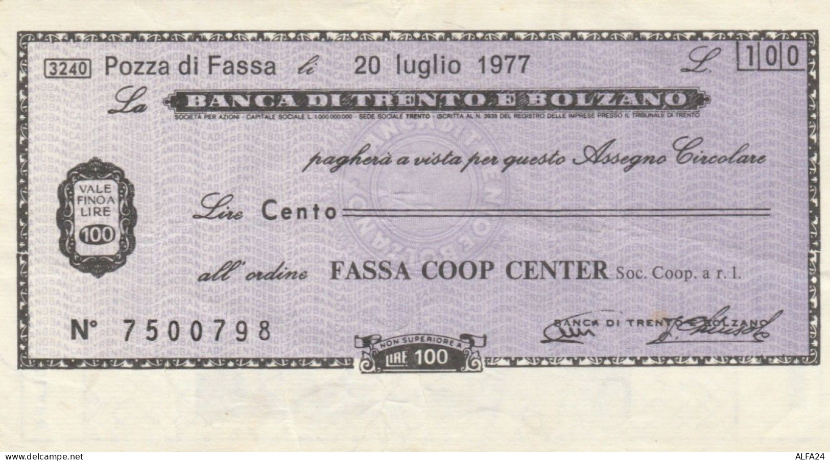 MINIASSEGNO B TRENTO BZ L.100 FASSA CIRC (VS575 - [10] Assegni E Miniassegni