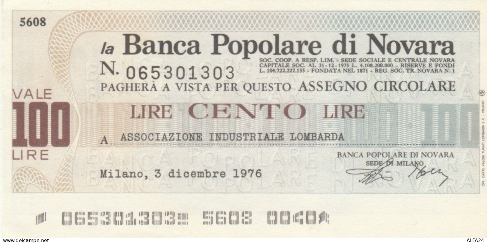 MINIASSEGNO BP NOVARA L.100 ASS IND LOMBARDIA FDS (VS556 - [10] Assegni E Miniassegni