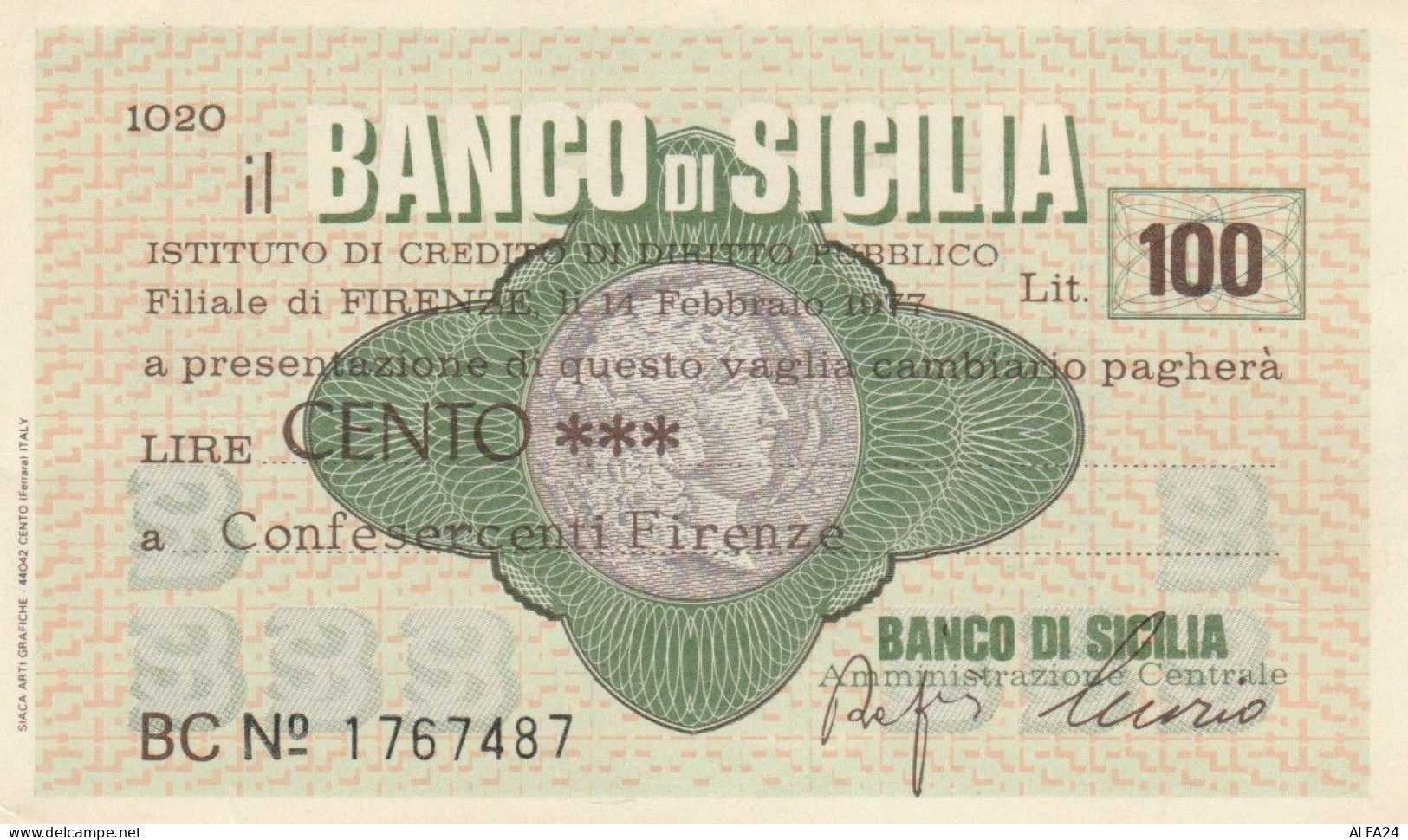 MINIASSEGNO BANCO SICILIA L.100 CONFESER FI FDS (VS561 - [10] Assegni E Miniassegni