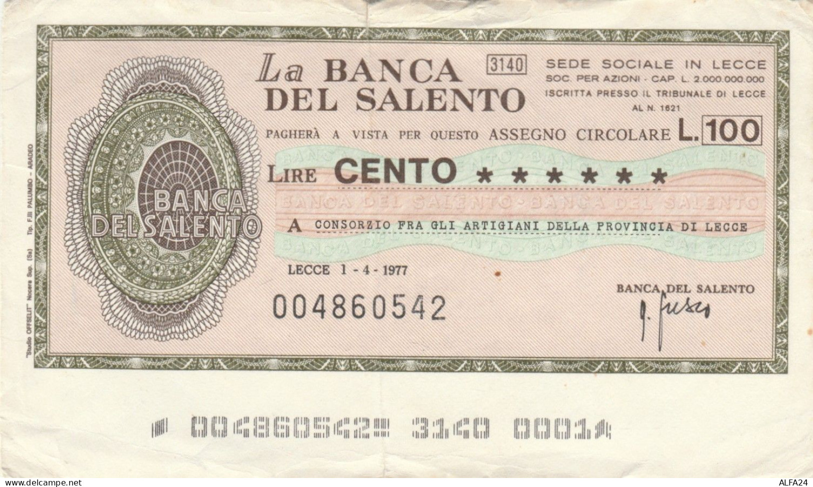 MINIASSEGNO BANCA SALENTO L.100 CONS ARTIG LE CIRC (VS564 - [10] Assegni E Miniassegni