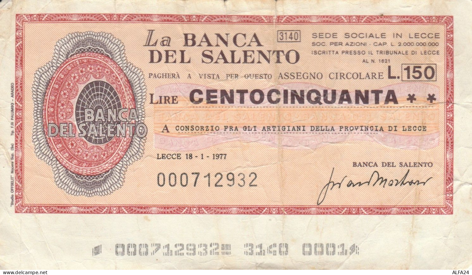 MINIASSEGNO BANCA SALENTO L.150 CONS ARTIG LE CIRC (VS563 - [10] Assegni E Miniassegni