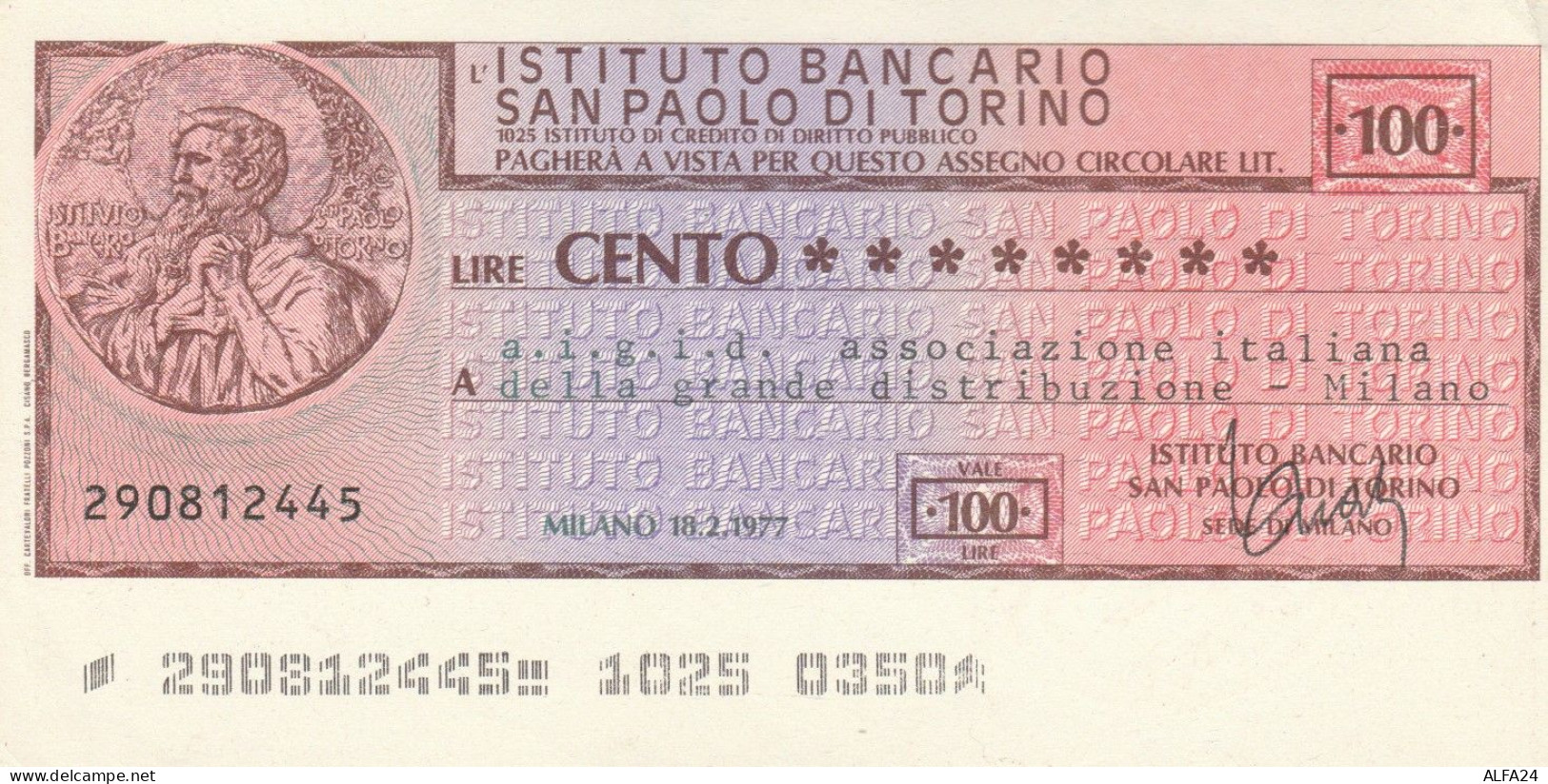 MINIASSEGNO ISTITUTO S.PAOLO L.100 AIGID FDS (VS546 - [10] Checks And Mini-checks