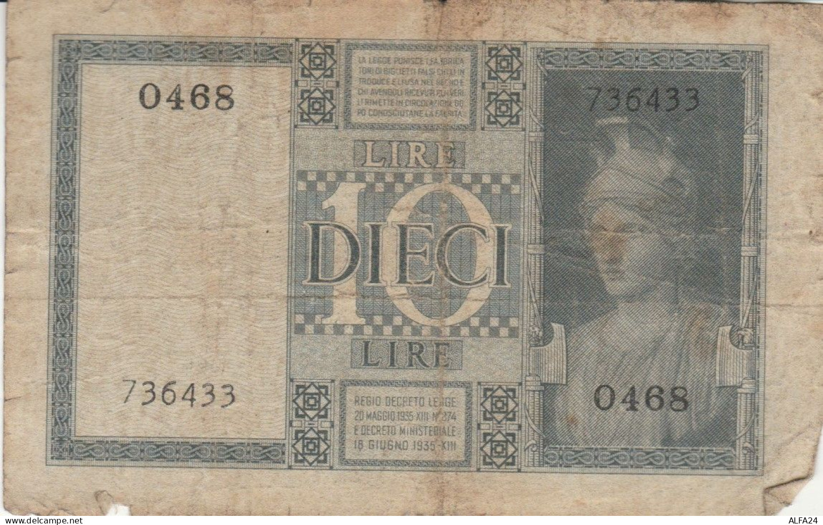 BANCONOTA ITALIA LIRE 10 1939 BIGLIETTO DI STATO VF (VS530 - Regno D'Italia – 10 Lire