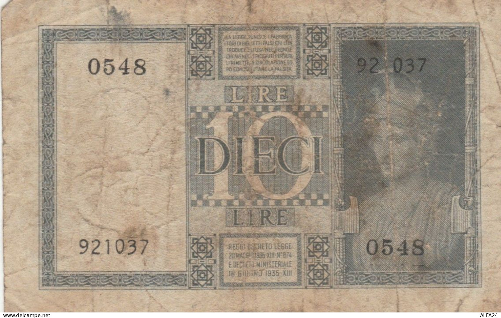 BANCONOTA ITALIA LIRE 10 1939 BIGLIETTO DI STATO VF (VS520 - Regno D'Italia – 10 Lire