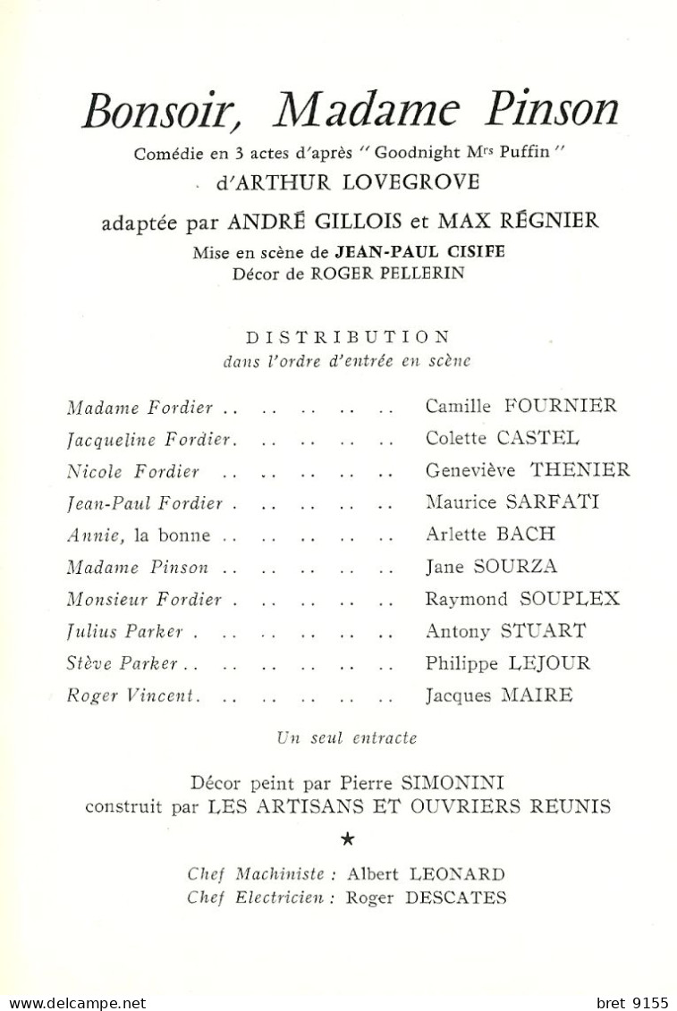 75 PARIS THEATRE PORTE St MARTIN PROGRAMME BONSOIR MADAME PINSON COMEDIE GILLOIS REGNIER CISIF JANE SOURZA  SOUPLEX - Programas