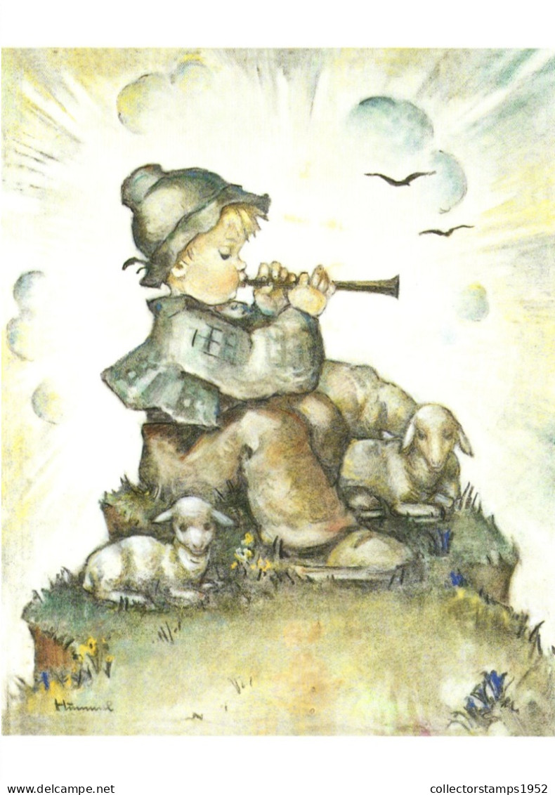 ILLUSTRATION, M.I. HUMMEL, THE FLUTE PLAYER, NR. 814, CHILD, LAMB, SIGNED, POSTCARD - Hummel