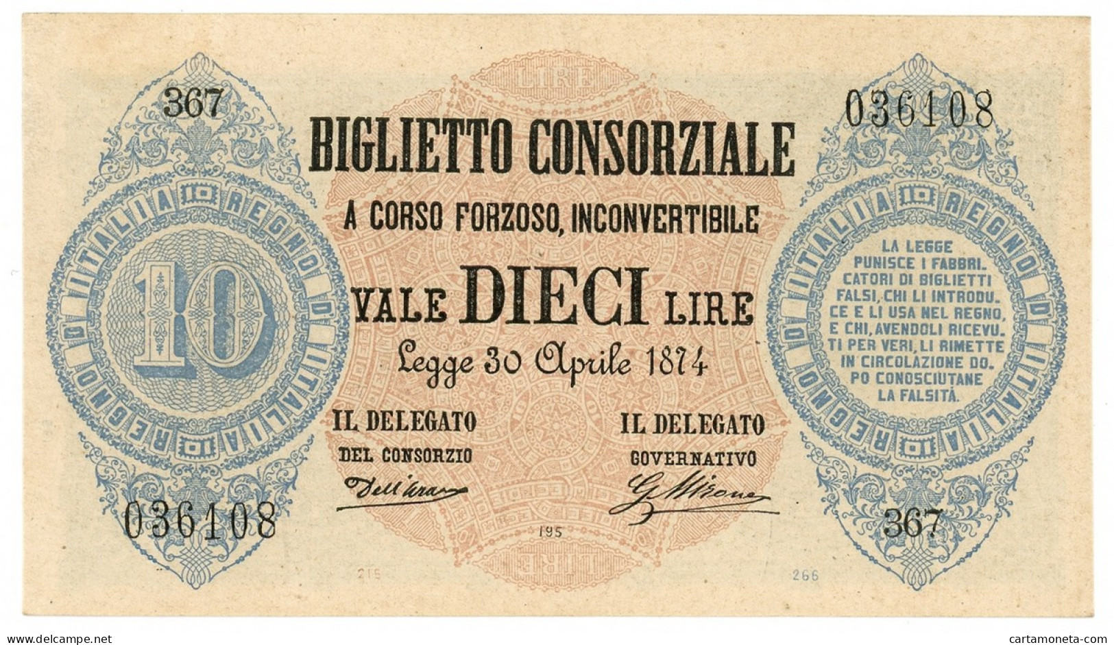 10 LIRE BIGLIETTO CONSORZIALE REGNO D'ITALIA 30/04/1874 QFDS - Biglietti Consorziale