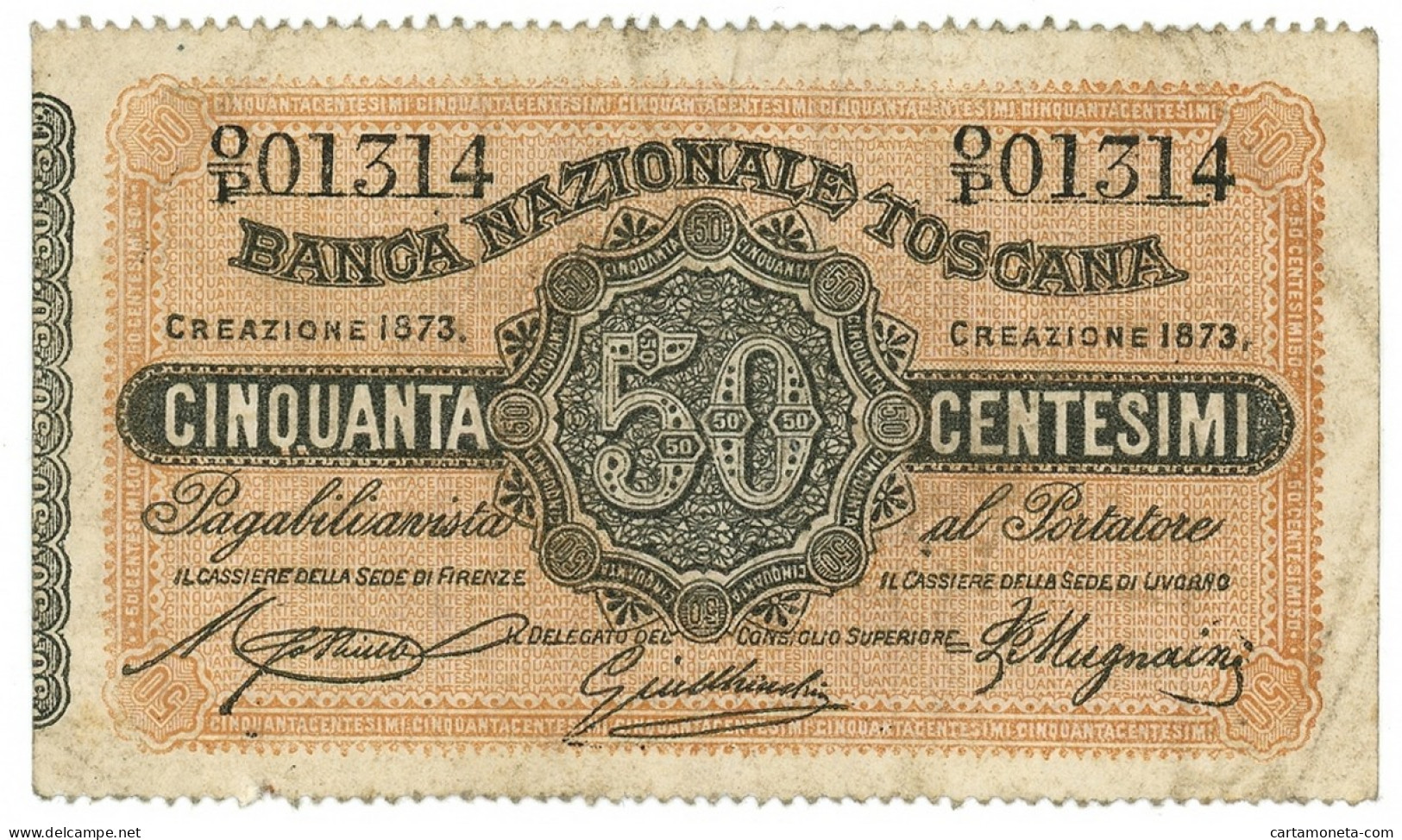 50 CENTESIMI BANCA NAZIONALE TOSCANA REGNO D'ITALIA 1873 BB/BB+ - Altri & Non Classificati