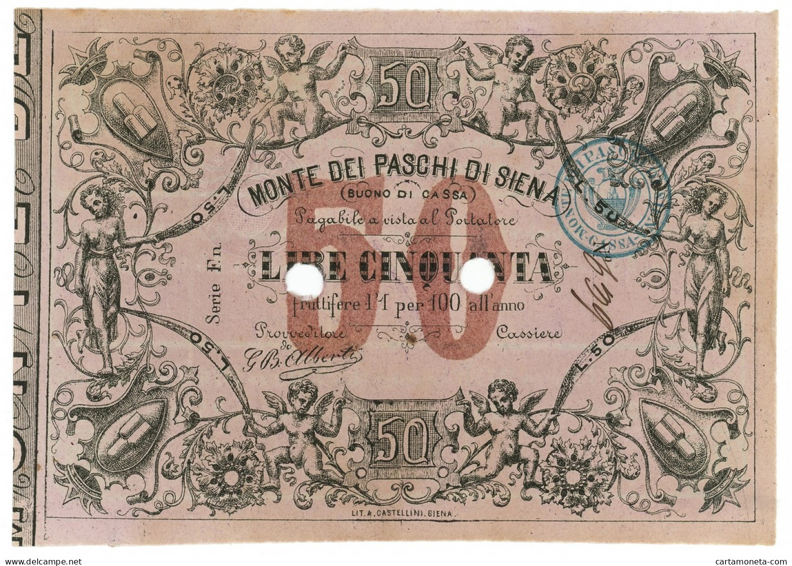 50 LIRE BUONO DI CASSA MONTE DEI PASCHI DI SIENA NON EMESSO 01/09/1871 SUP - Autres & Non Classés