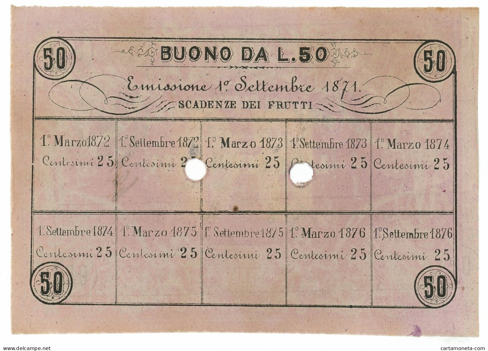 50 LIRE BUONO DI CASSA MONTE DEI PASCHI DI SIENA NON EMESSO 01/09/1871 SUP - Altri & Non Classificati