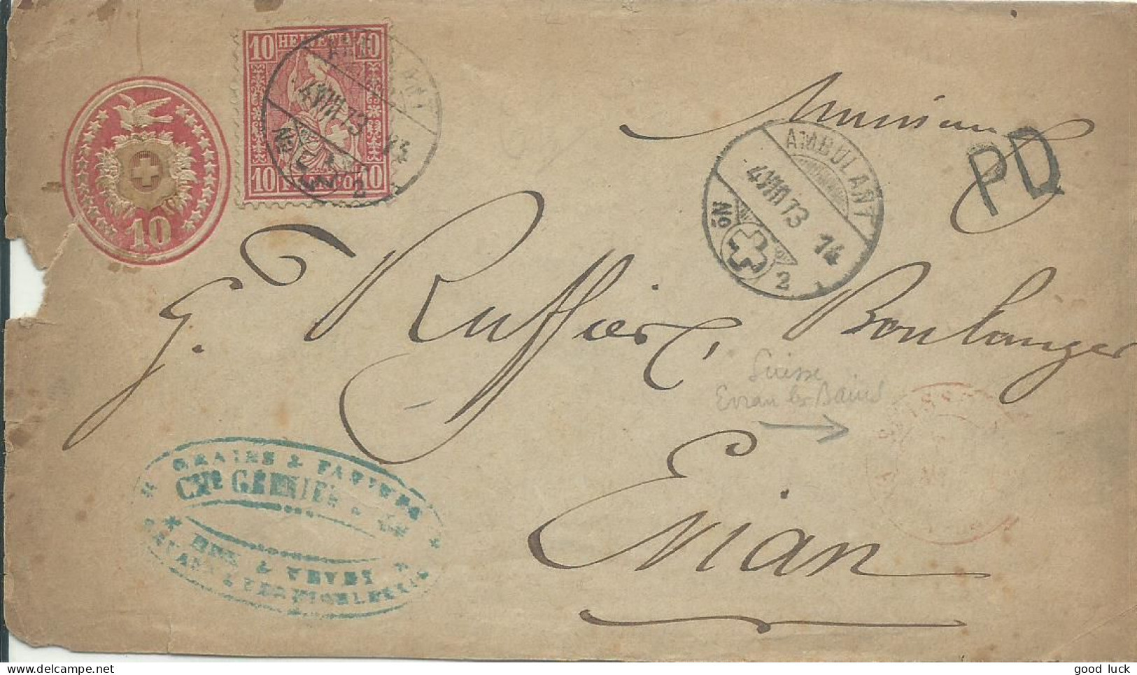 SUISSE ENTIER/ENVELOPPE 10c + 10c  AMBULANT N° 2  POUR EVIAN ( HAUTE SAVOIE ) AMBULANT N° 2 DE 1873  LETTRE COVER - Chemins De Fer