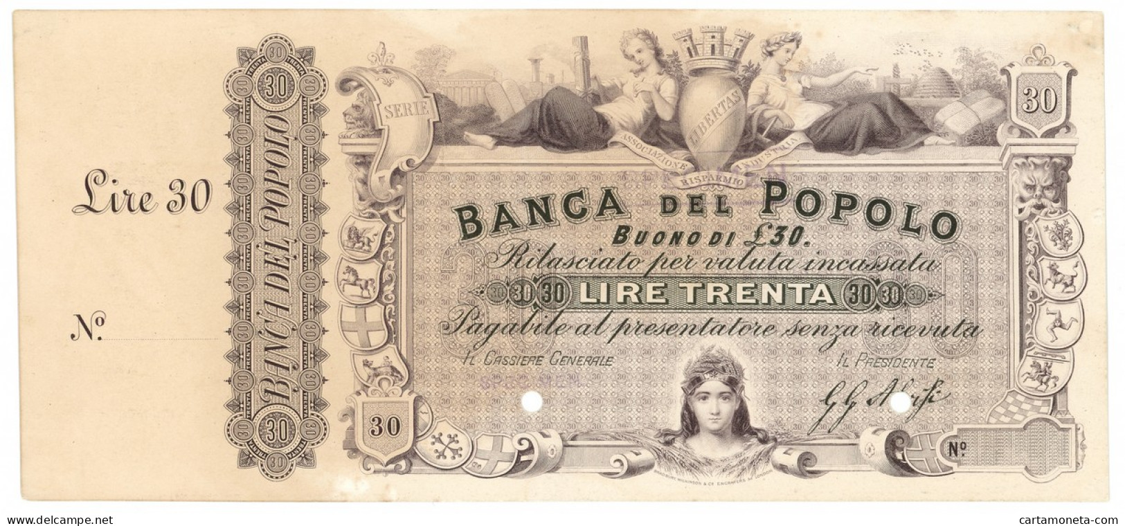 30 LIRE PROVA SU CARTONCINO CON MATRICE BANCA DEL POPOLO FIRENZE 02/09/1867 SPL- - Other & Unclassified