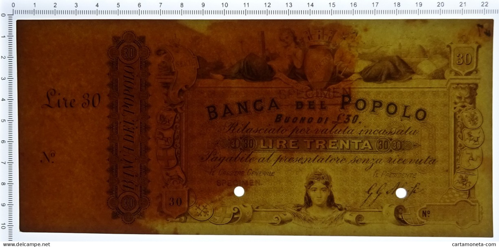 30 LIRE PROVA SU CARTONCINO CON MATRICE BANCA DEL POPOLO FIRENZE 02/09/1867 SPL- - Autres & Non Classés