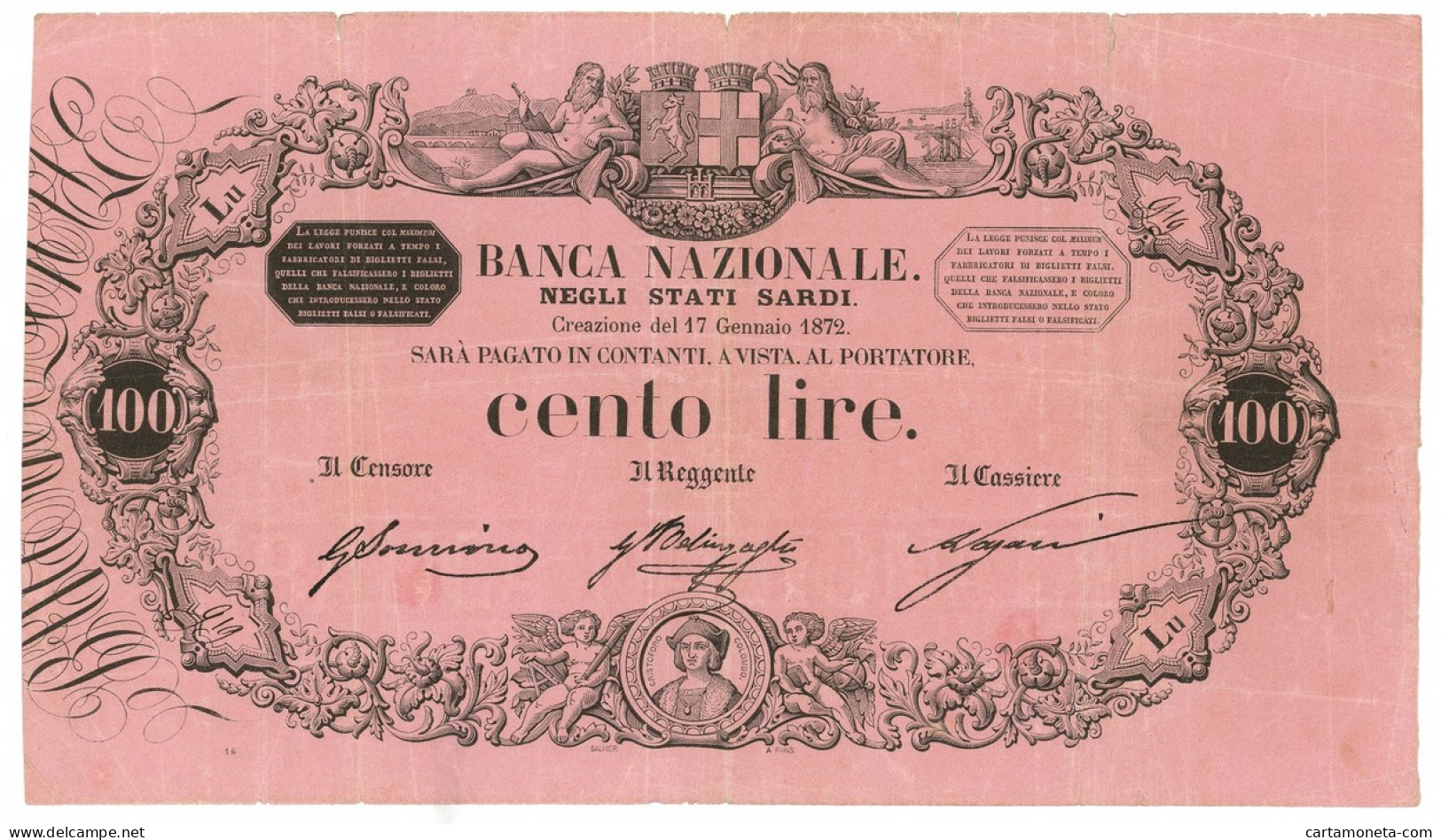 100 LIRE BANCA NAZIONALE NEGLI STATI SARDI VITTORIO EMANUELE II 17/01/1872 BB- - Other & Unclassified