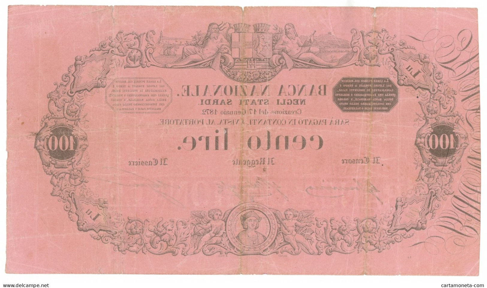 100 LIRE BANCA NAZIONALE NEGLI STATI SARDI VITTORIO EMANUELE II 17/01/1872 BB- - Sonstige & Ohne Zuordnung