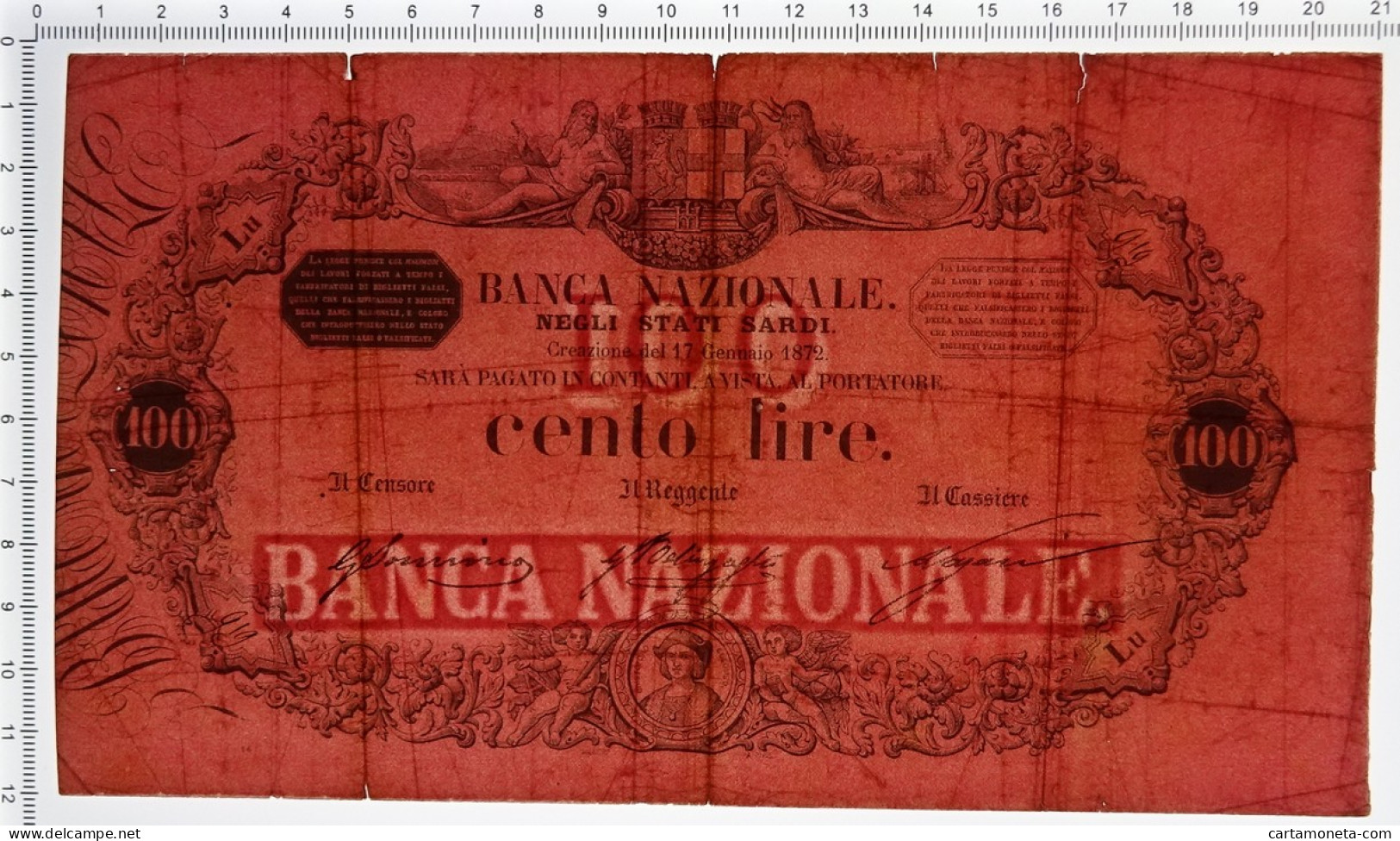 100 LIRE BANCA NAZIONALE NEGLI STATI SARDI VITTORIO EMANUELE II 17/01/1872 BB- - Other & Unclassified