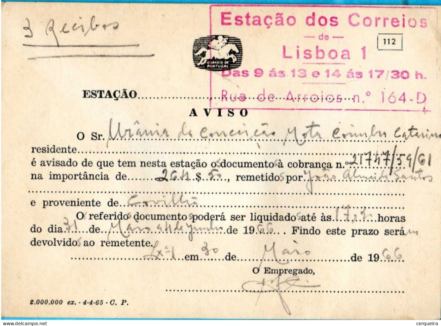 AVISO À COBRANÇA - Briefe U. Dokumente