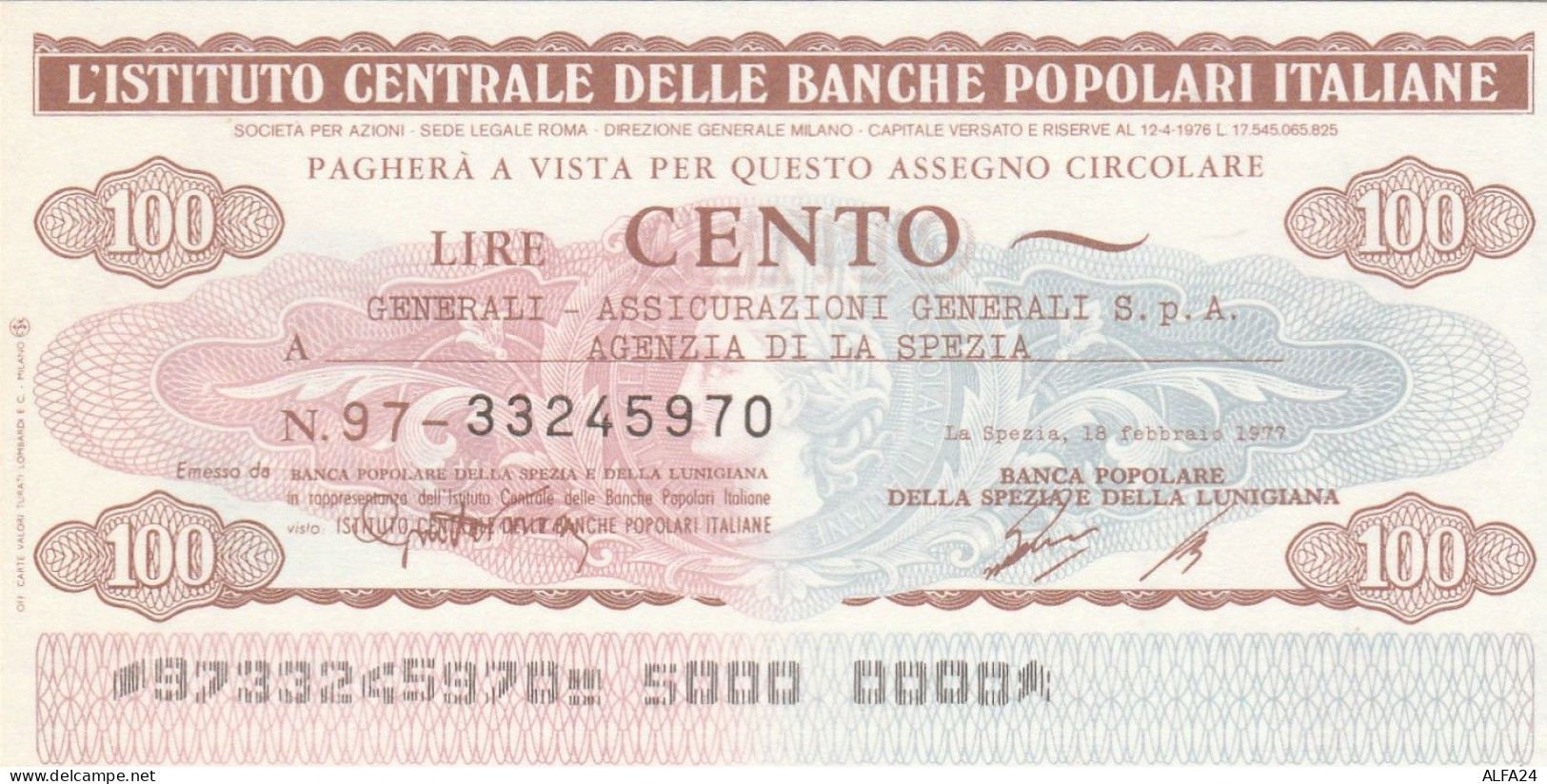 MINIASSEGNO IST.CENTR. BP ITALIANE 100 L. GENERALI -LA SPEZIA (A597---FDS - [10] Assegni E Miniassegni