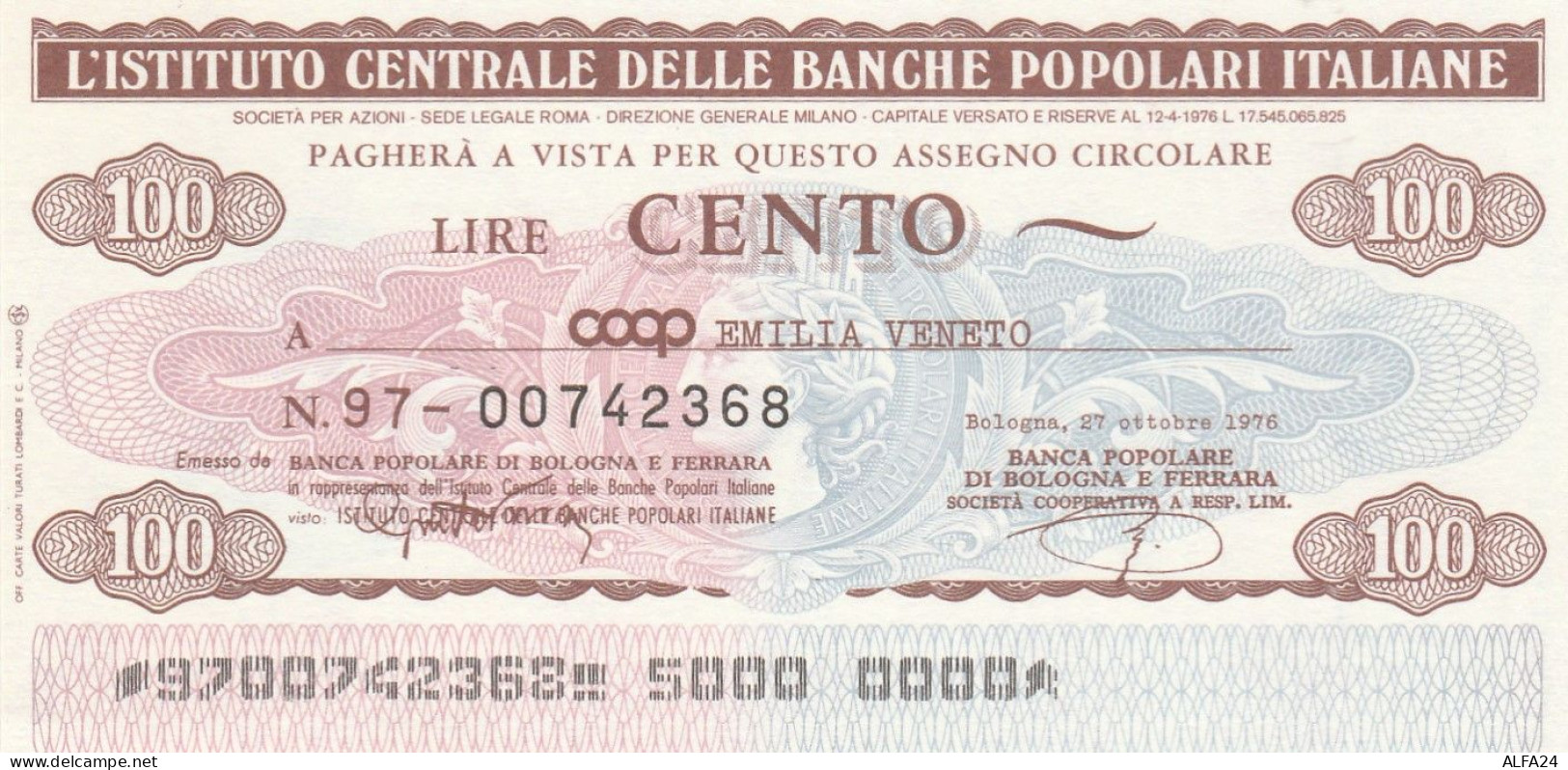 MINIASSEGNO IST.CENTR. BP ITALIANE 100 L. COOP EMILIA VENETO (A561---FDS - [10] Assegni E Miniassegni