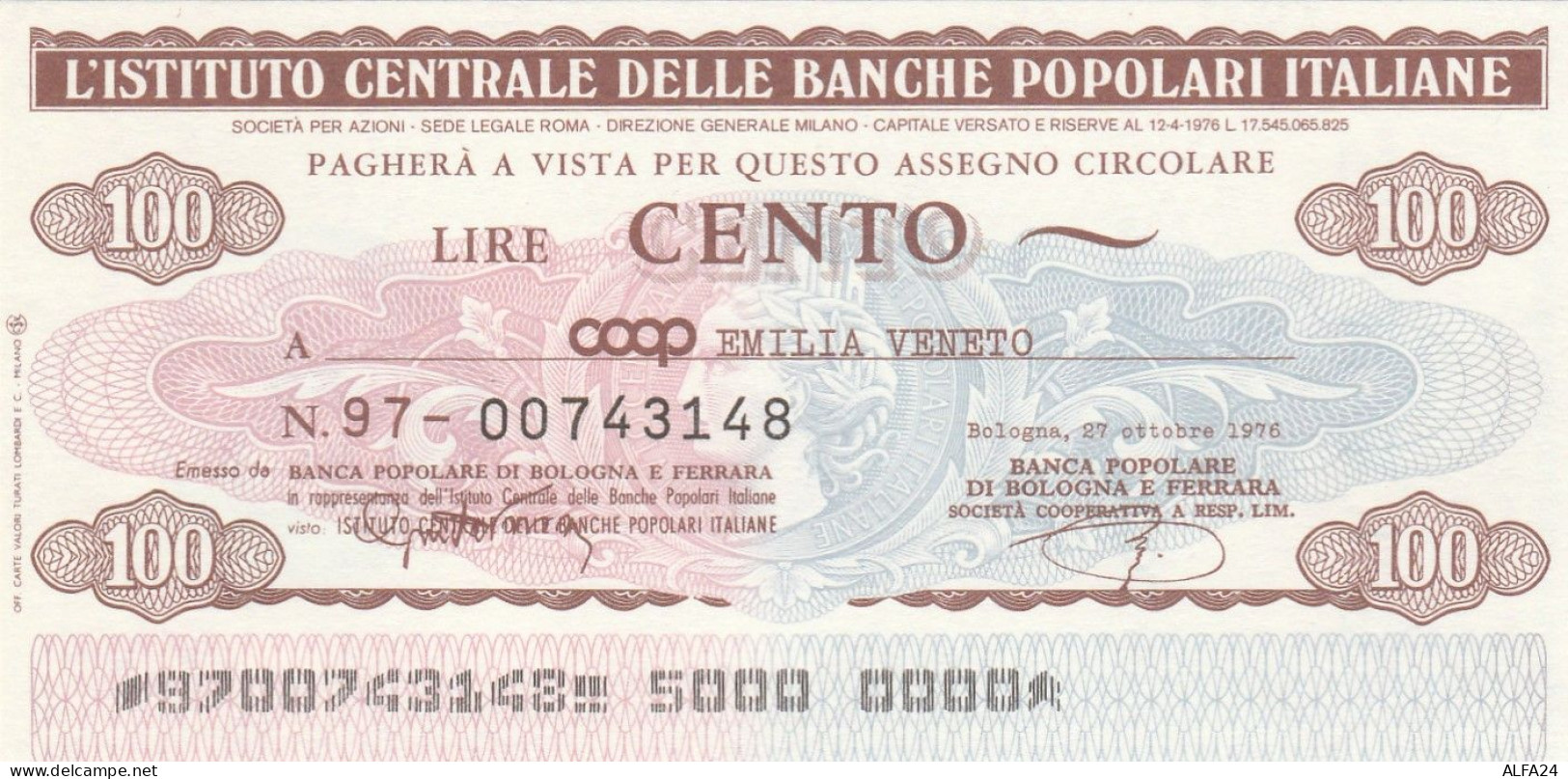 MINIASSEGNO IST.CENTR. BP ITALIANE 100 L. COOP EMILIA VENETO (A560---FDS - [10] Assegni E Miniassegni