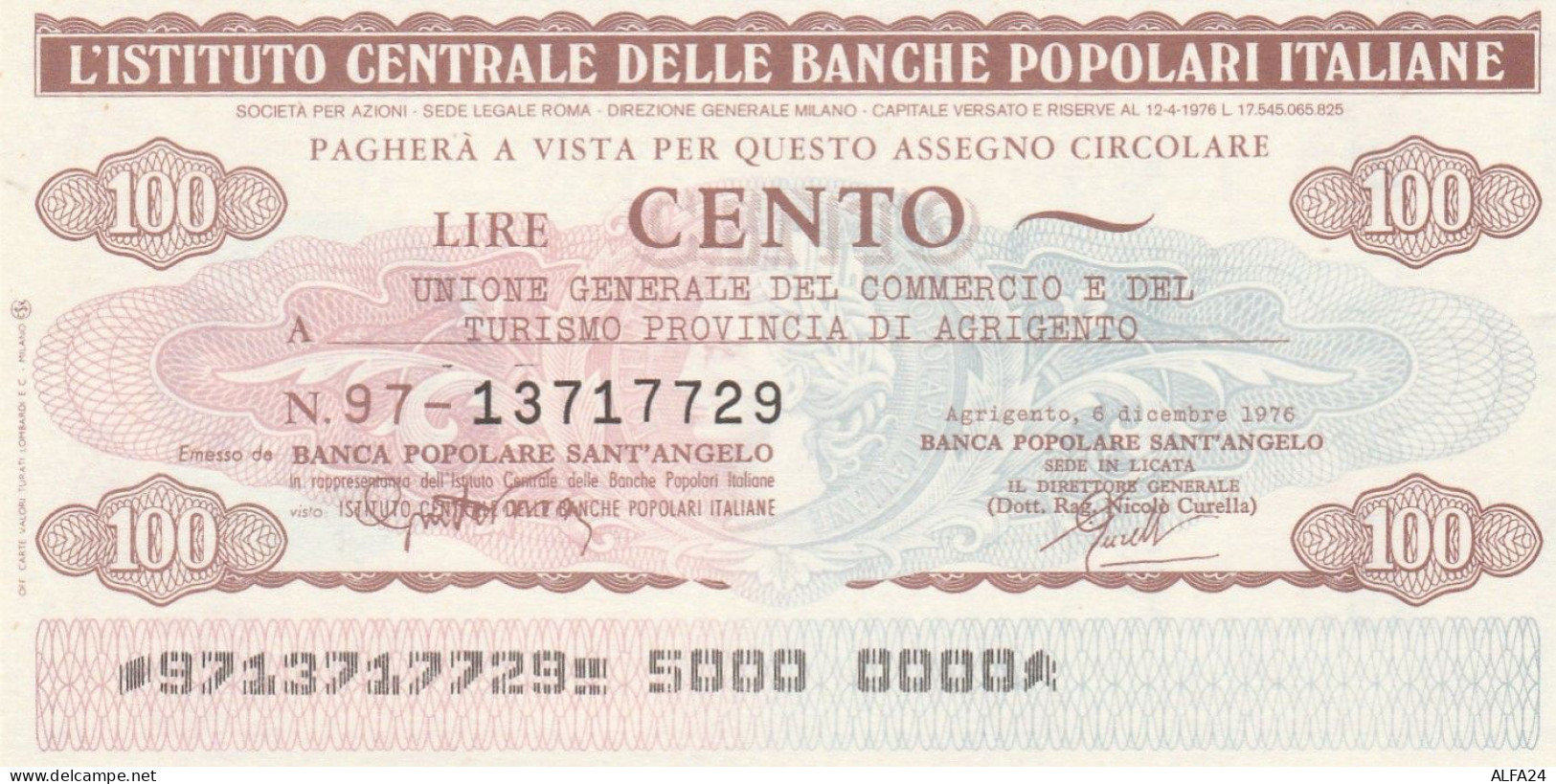 MINIASSEGNO IST.CENTR. BP ITALIANE 100 L. UN COMM AG (A566---FDS - [10] Assegni E Miniassegni