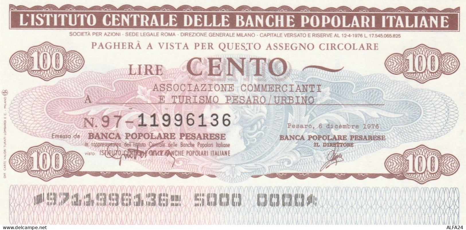 MINIASSEGNO IST.CENTR. BP ITALIANE 100 L. ASS COMM PESARO URBINO (A565---FDS - [10] Assegni E Miniassegni