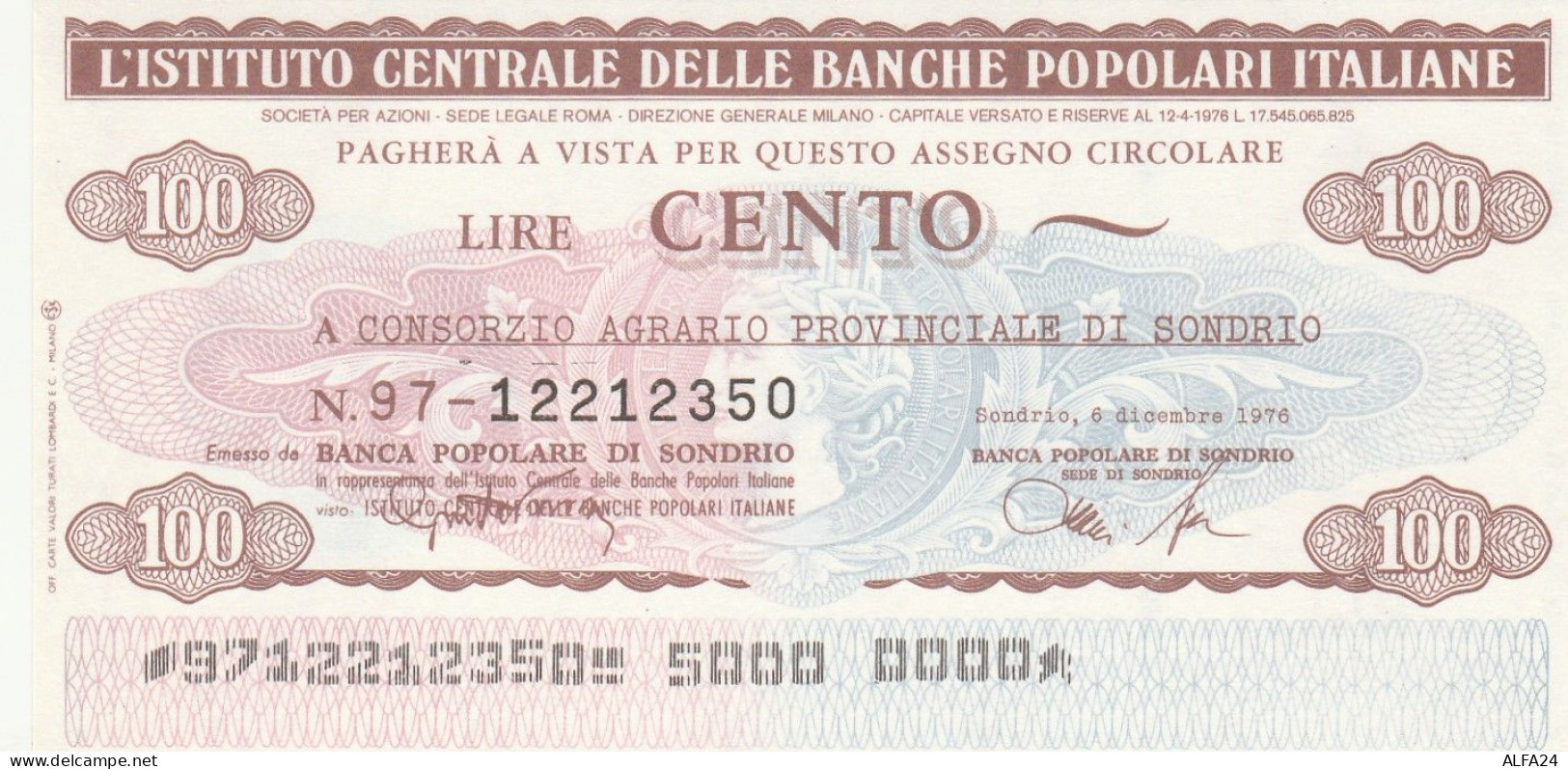 MINIASSEGNO IST.CENTR. BP ITALIANE 100 L. CONSORZIO AGR SO (A563---FDS - [10] Assegni E Miniassegni