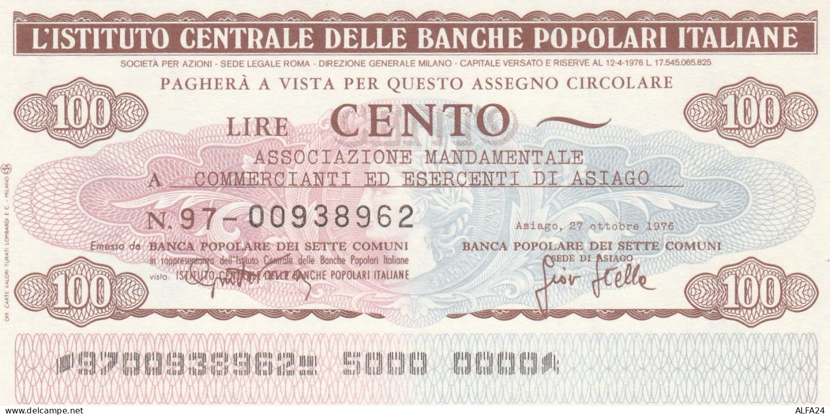 MINIASSEGNO IST.CENTR. BP ITALIANE 100 L. ASS COMM ASIAGO (A559---FDS - [10] Assegni E Miniassegni