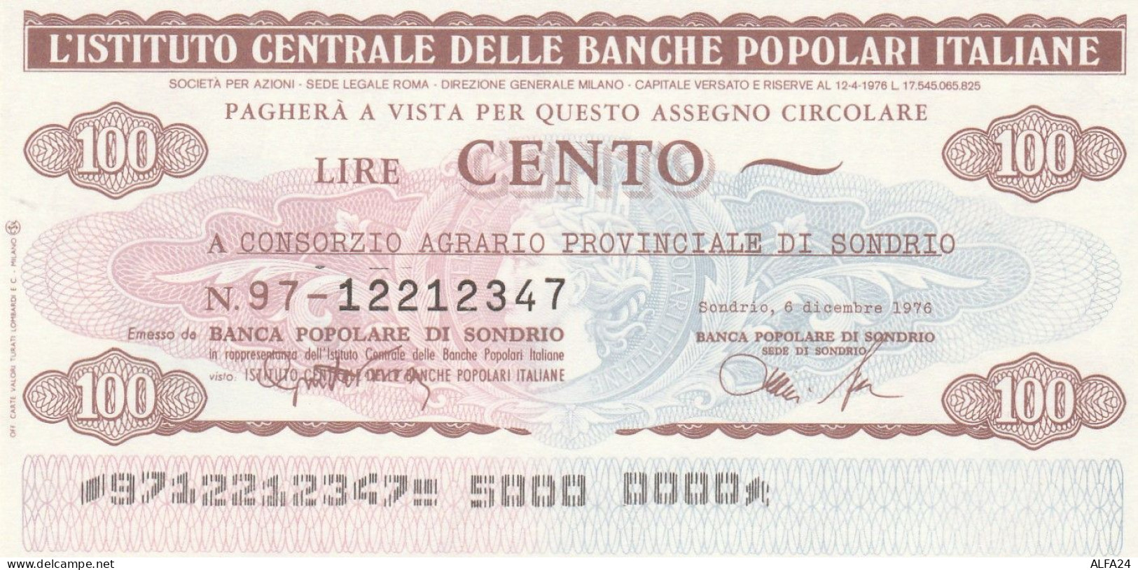MINIASSEGNO IST.CENTR. BP ITALIANE 100 L. CONSORZIO AGR SO (A562---FDS - [10] Assegni E Miniassegni