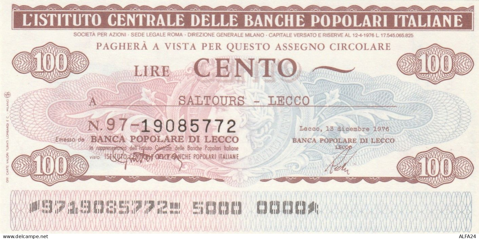 MINIASSEGNO IST.CENTR. BP ITALIANE 100 L. SALTOURS LECCO (A555---FDS - [10] Assegni E Miniassegni