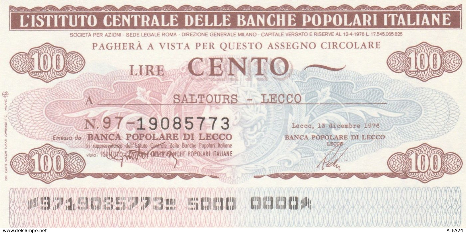 MINIASSEGNO IST.CENTR. BP ITALIANE 100 L. SALTOURS LECCO (A556---FDS - [10] Assegni E Miniassegni
