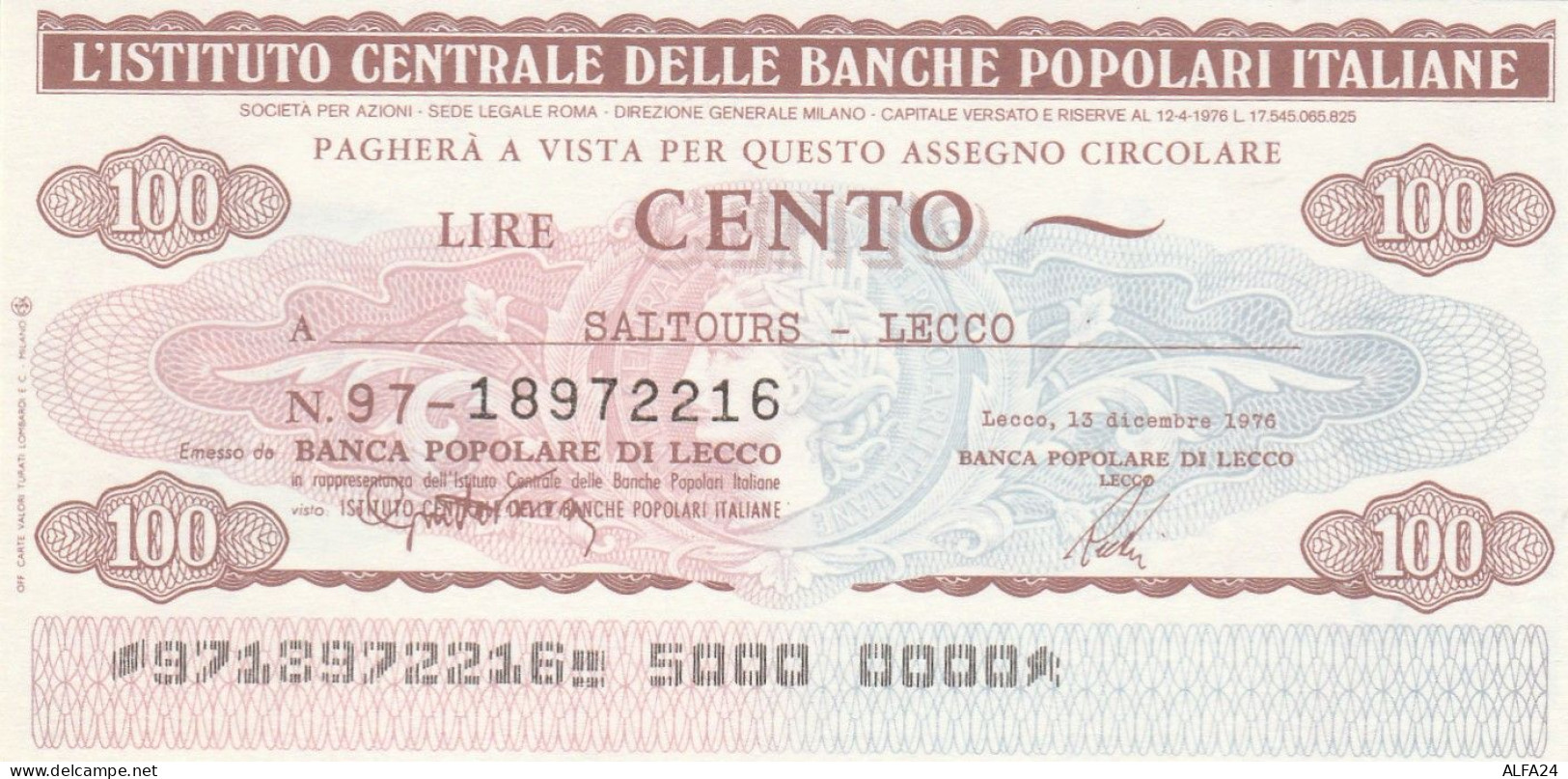 MINIASSEGNO IST.CENTR. BP ITALIANE 100 L. SALTOURS LECCO (A557---FDS - [10] Assegni E Miniassegni
