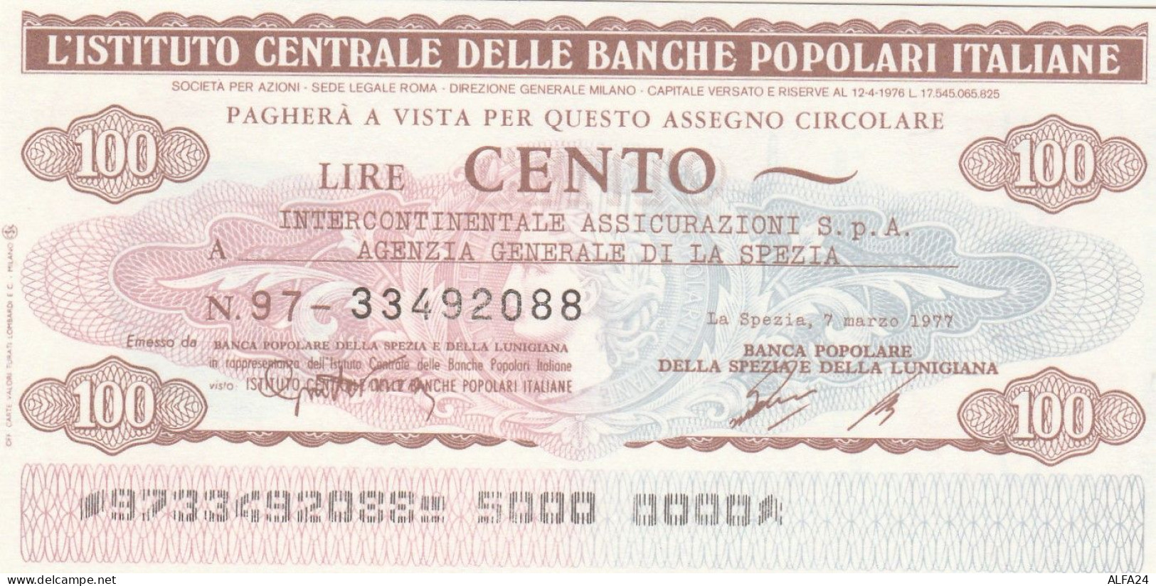 MINIASSEGNO IST.CENTR. BP ITALIANE 100 L. INTERCONTINENTALE ASSIC (A553---FDS - [10] Assegni E Miniassegni