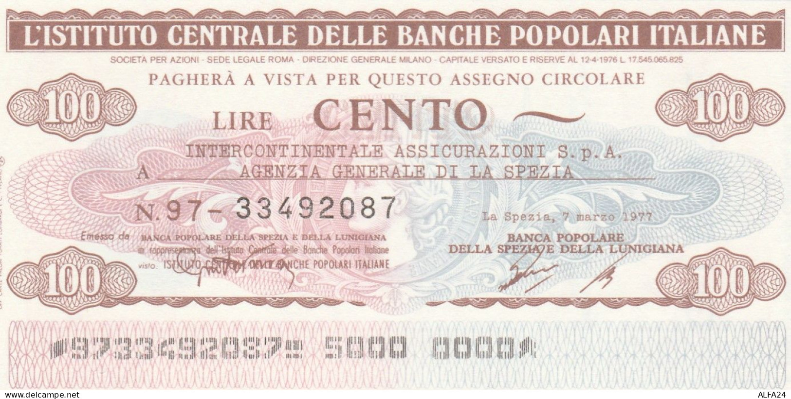 MINIASSEGNO IST.CENTR. BP ITALIANE 100 L. INTERCONTINENTALE ASSIC (A552---FDS - [10] Assegni E Miniassegni